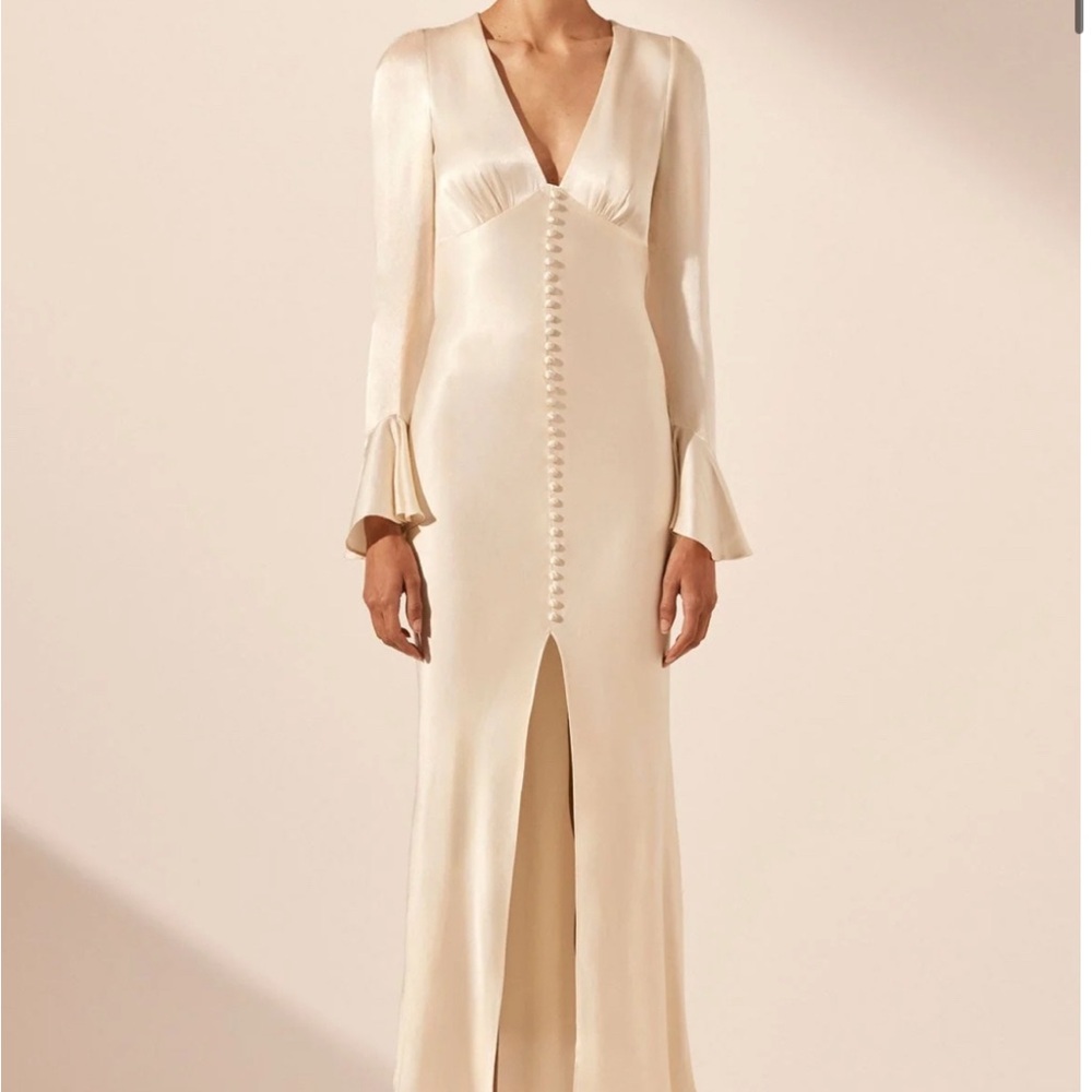 NWT Shona Joy La Lune Frill Cuff Bias Midi Dress in Cream